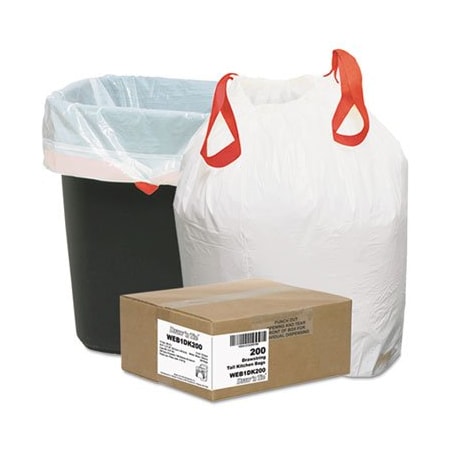 Webster Industries Draw'nTie, HEAVY-DUTY TRASH BAGS, 13 GAL, 0.9 MIL, 24.5in X 27.38in, WHITE, 200PK 1DK200